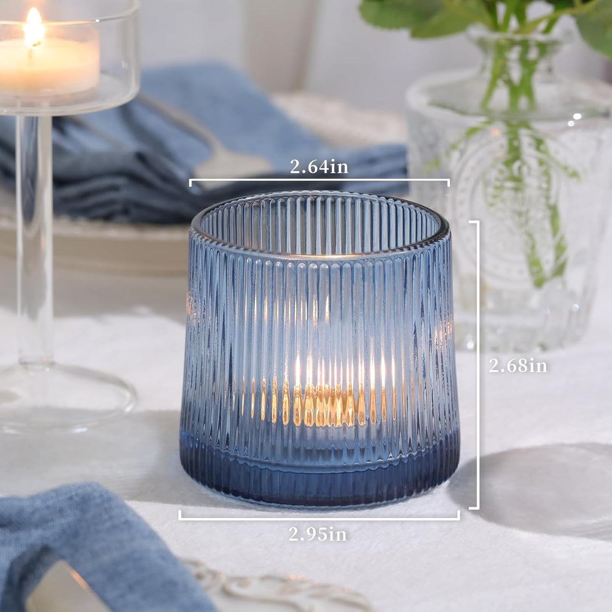 DARJEN Blue Ribbed Tealight Votive Candle Holders Set of 10- Votive Candle Holders for Table