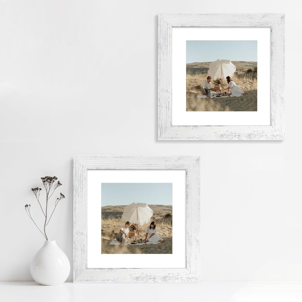 8x8 Picture Frames Set of 4 with Real Glass, Distressed White Frame Display 6x6 Pictures with Mat