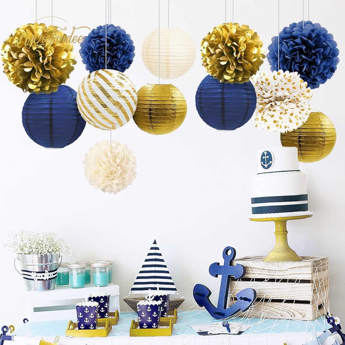 NICROLANDEE Navy Blue and Gold Decorations, 12PCS Hanging Paper Lanterns Tissue Pom Poms Decor for