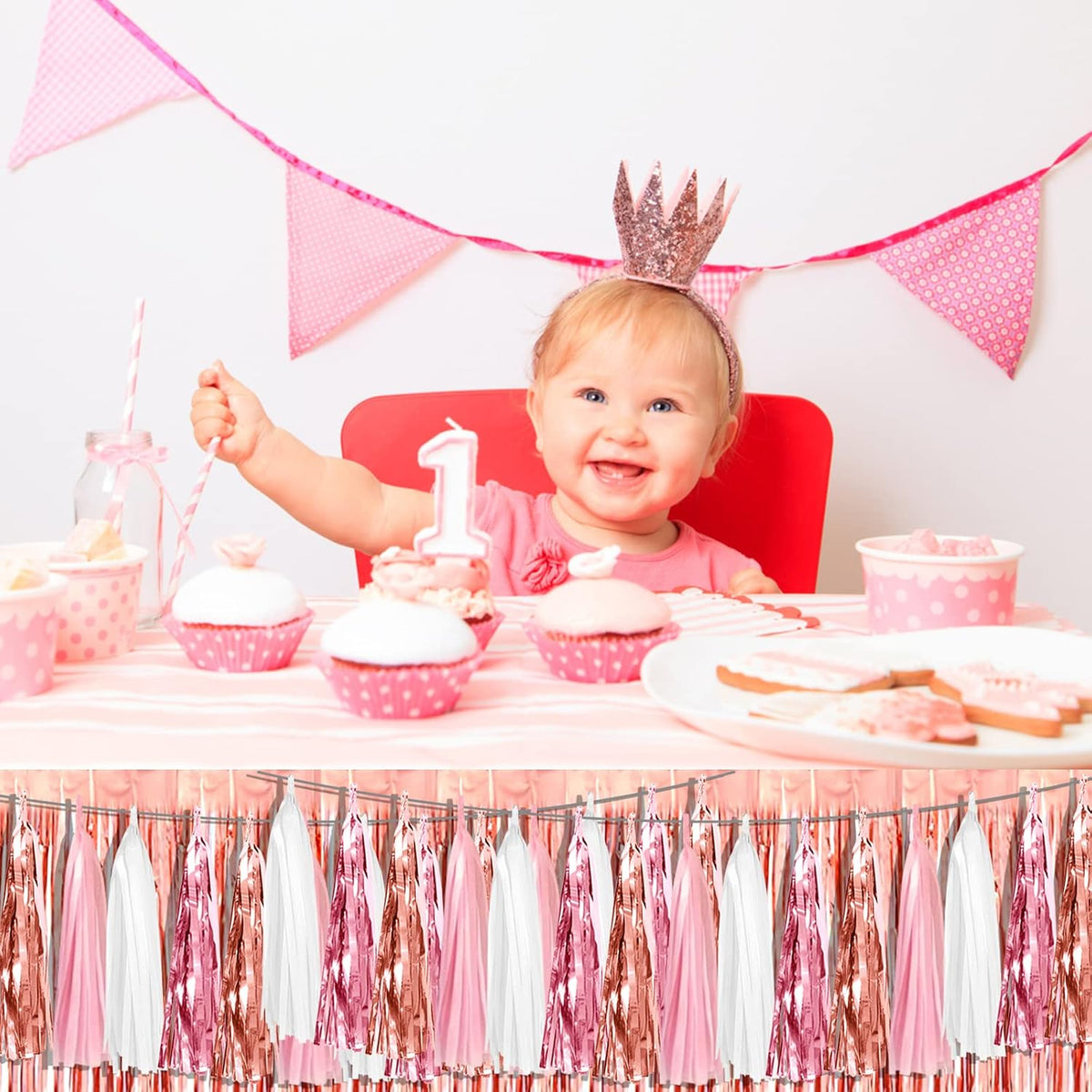 4P Pink White Peach Rose Gold Tassels Party Tassel Garland Banner, Tassels Banner Streamers for