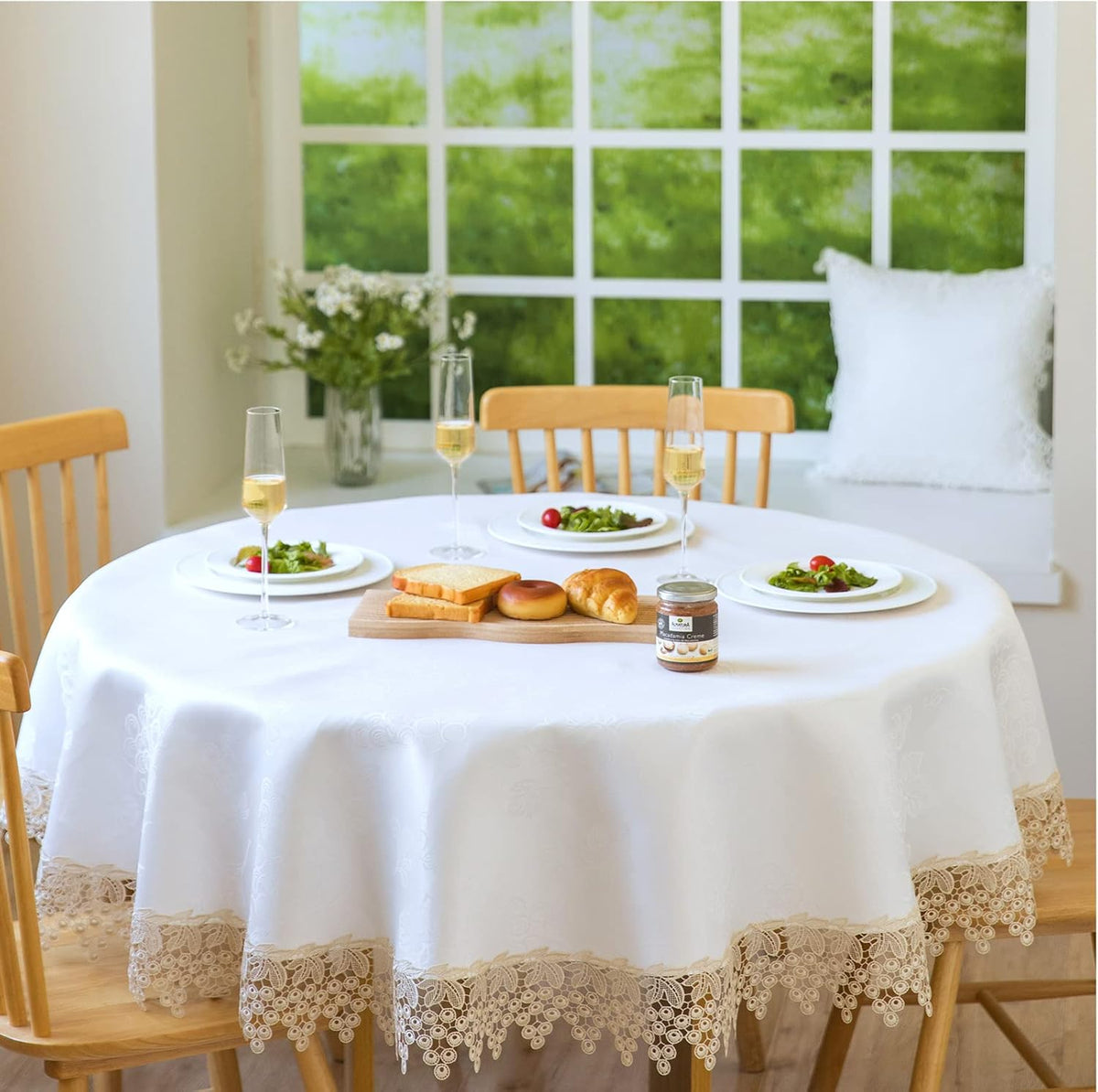 Beige lace Premium Round Farmhouse Tablecloth Waterproof OilProof SpillProof AntiShrink Soft