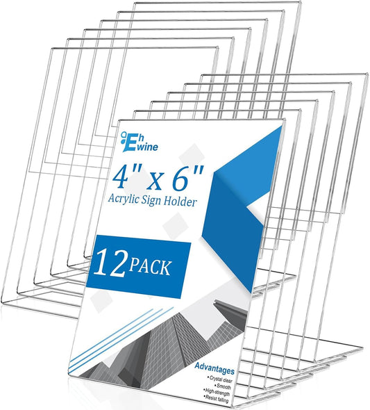 EHWINE 12 Pack 4 x 6 Acrylic Sign Holder, Clear Plastic Signs Display Stand, Vertical Slanted Back