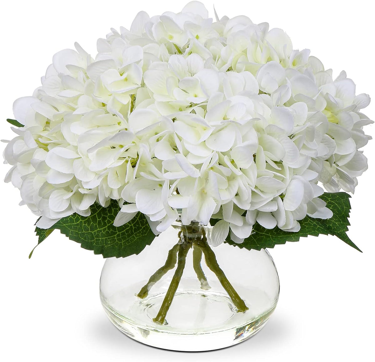 Hollyone Hydrangea Artificial Flowers with Vase White Silk Fake Flowers Arrangements in Glass Vase