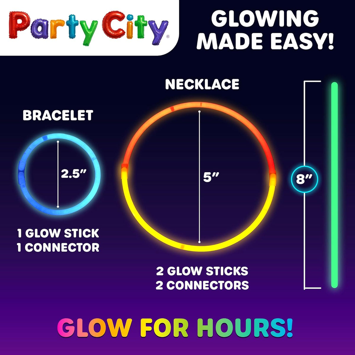 Party City 100 Glow Sticks Bulk Party Pack 8”– Neon Glow in the Dark Party Supplies, Glowsticks