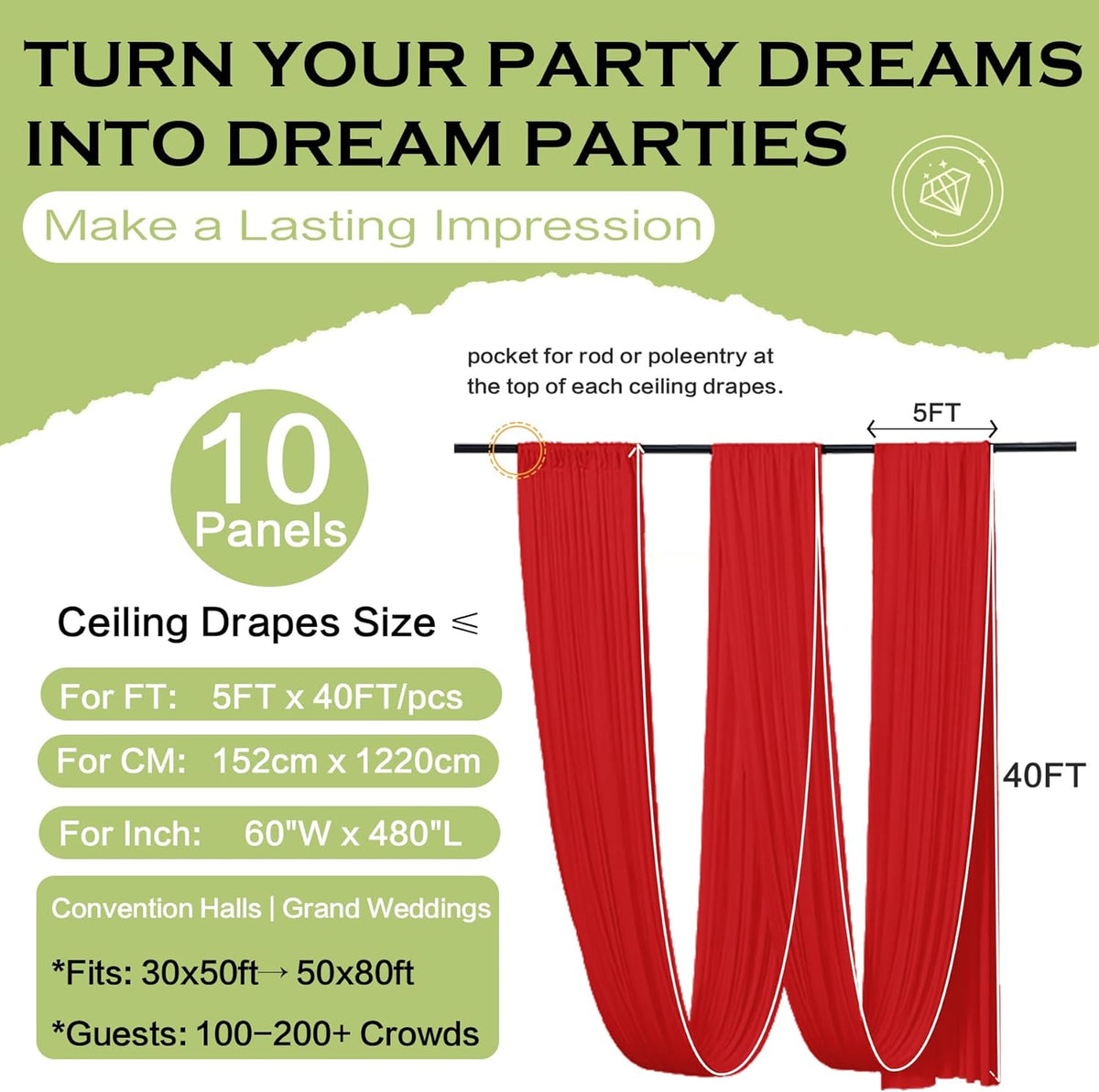 PartyVillage 50ftx40ft Red Ceiling Curtain for Wedding Parties – 10 Panels Wrinkle-Free 40 FT Long