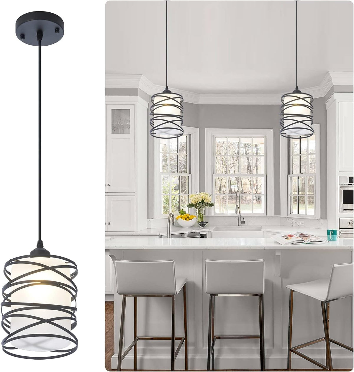 Modern Mini Pendant Light Fixture Kitchen Island Pendant Lighting 6.30''Matte Black Spiral Cage and