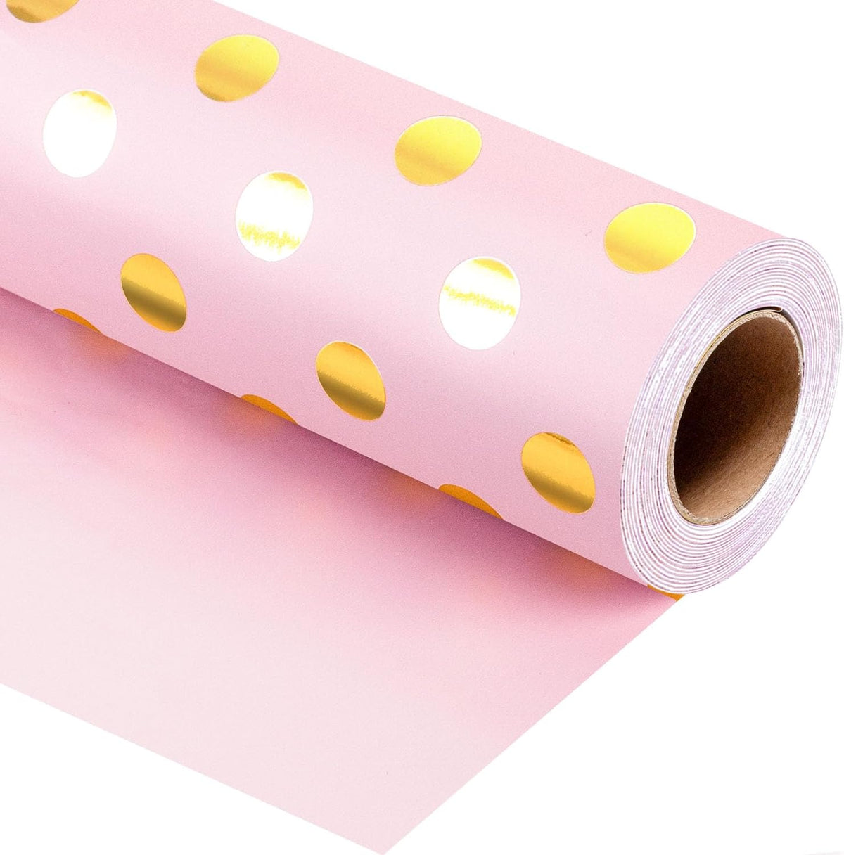 Burymento Pink and Gold Dots Wrapping Paper, Reversible Pink Gift Wrap for Birthday, Valentines