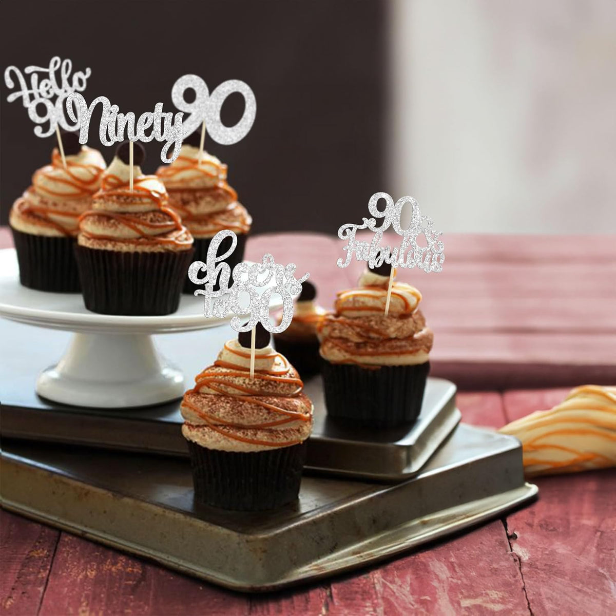 30pcs Happy 90th Birthday Cupcake Toppers - Silver Glitter Ninety Cheers to 90 Years Old Cupcake