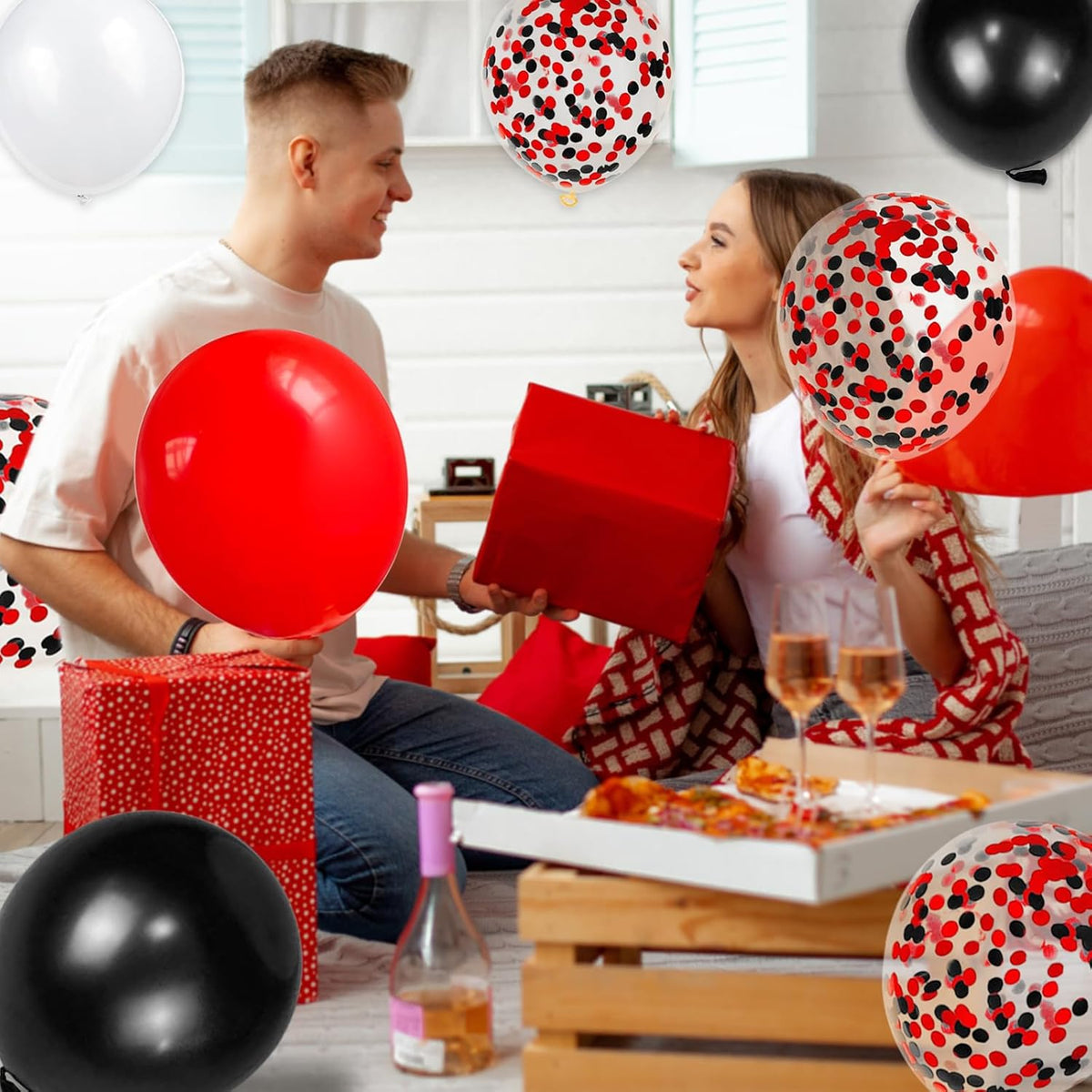 68Pcs Red Black White Latex Balloons 12 Inch with Black Red Confetti Balloons for Birthday