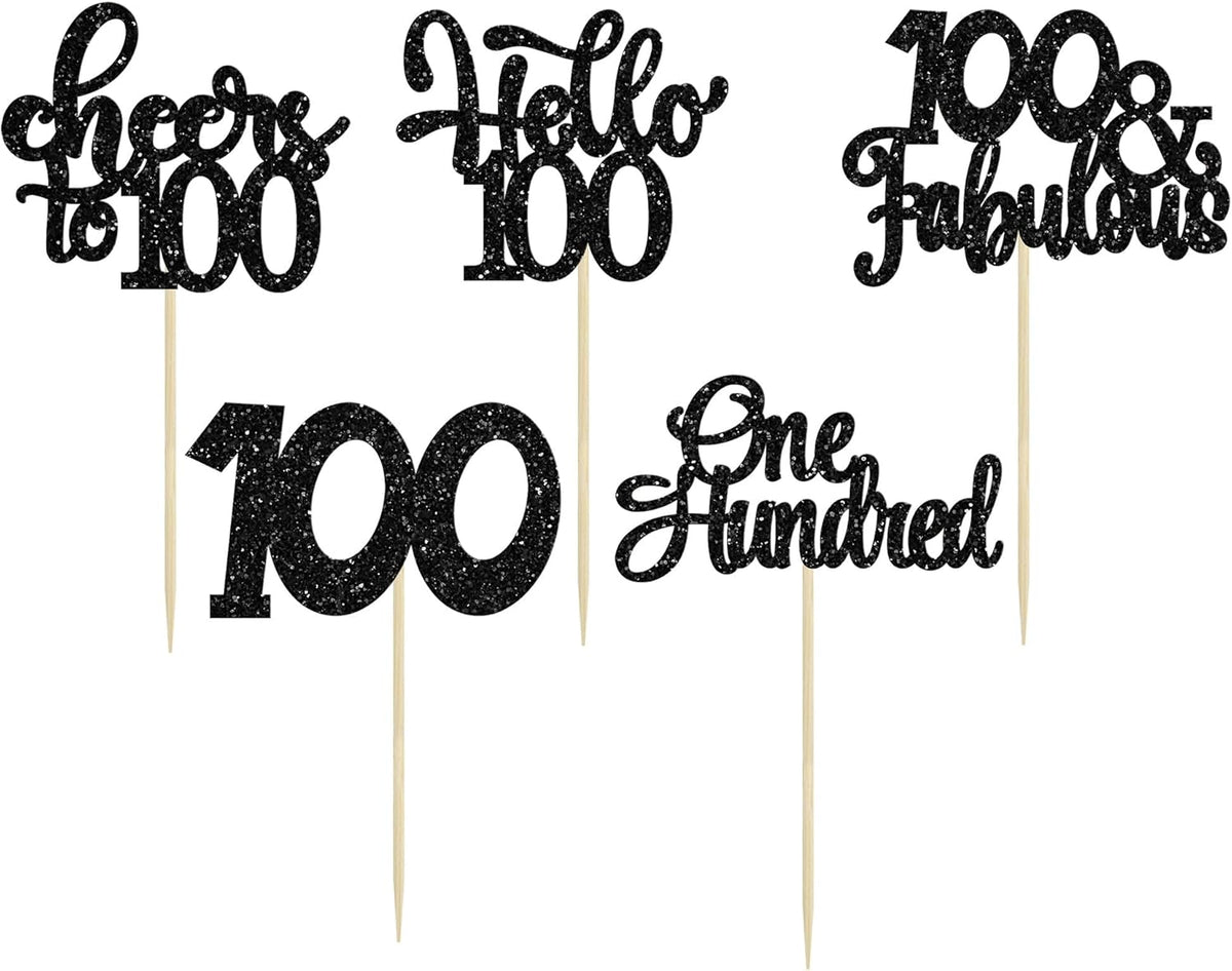 30pcs Happy 100th Birthday Cupcake Toppers - Black Glitter One Hundred Cheers to 100 Years Old