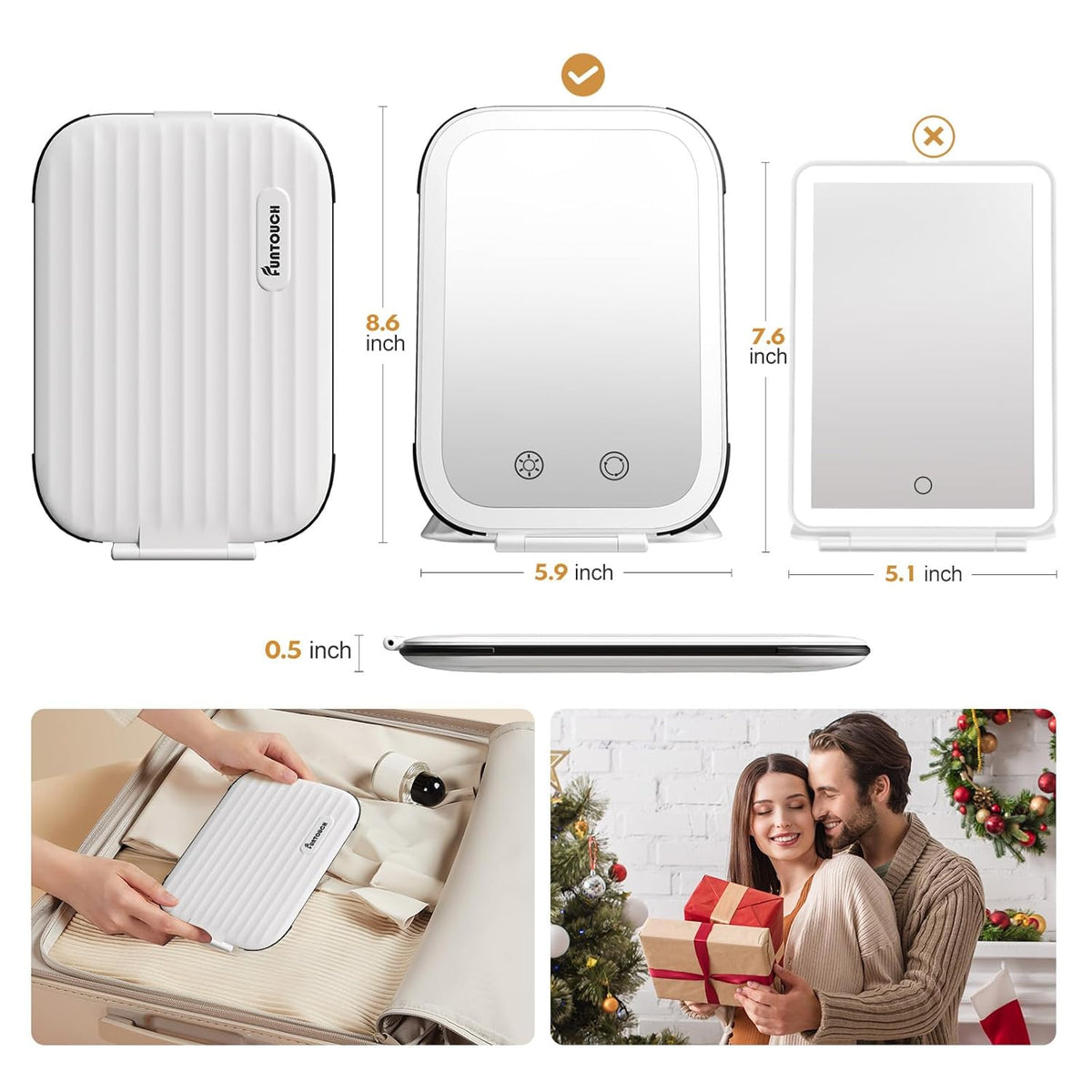 FUNTOUCH Rechargeable Travel Makeup Mirror with Lights and Small 10X Magnification,Light up