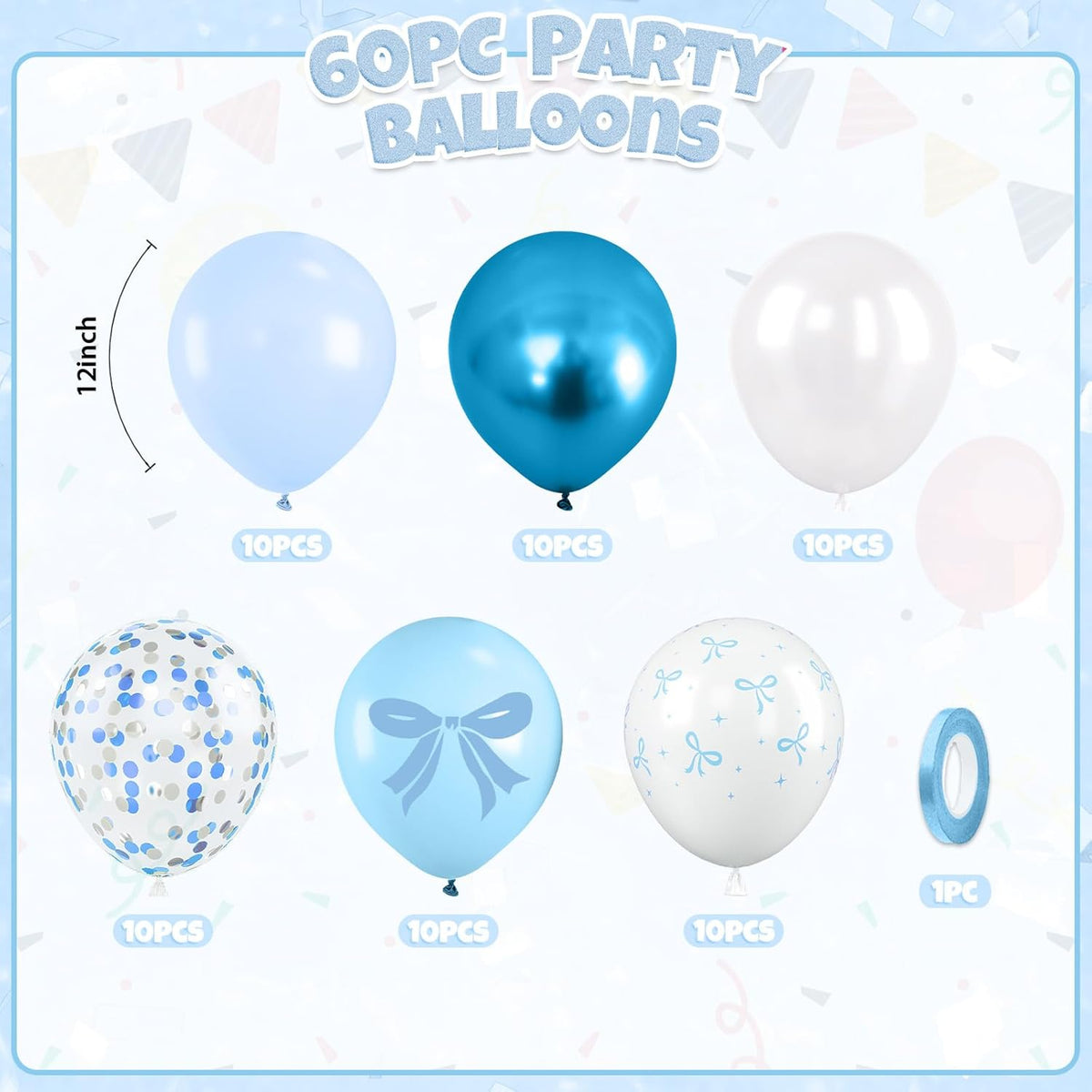 Blue Bow Balloons, 60pcs White And Blue Balloons, Metallic Macaron Preal White Balloon Bow Print
