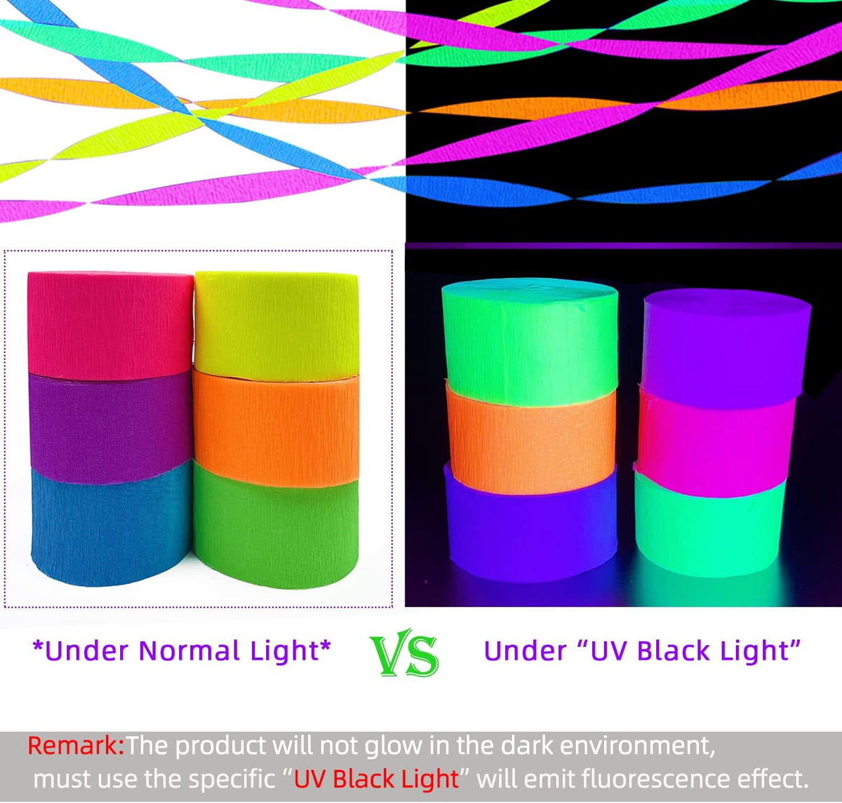 600 feet Glow Crepe Paper Streamers UV Glow Party Neon Streamer Decorations Glow in The Dark Black