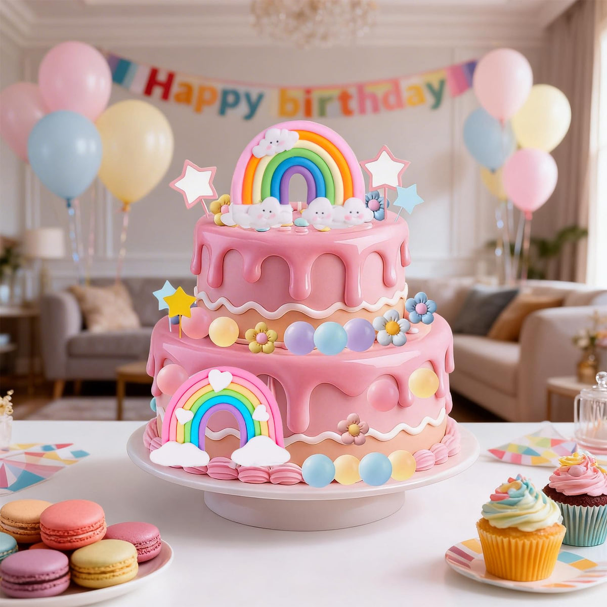 39 Pcs Rainbow Cake Topper with Pastel Balls and Daisy Flowers