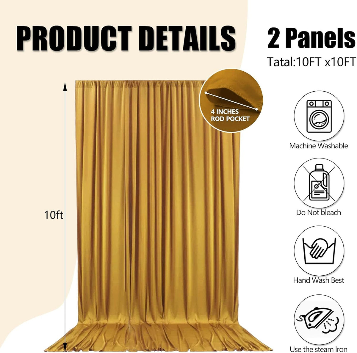 10ft x 10ft Gold Backdrop Curtains for Parties, Fabric Satin Background Curtain with Rod Pockets