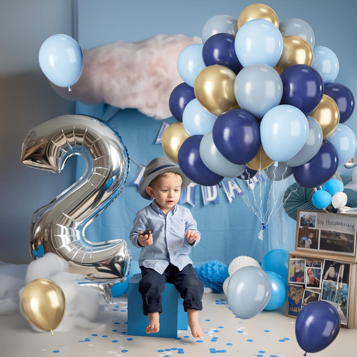 Navy Blue Gold Balloons, 12 Inch Dusty Light Blue Golden Latex Balloon Set for Boys Birthday Winter
