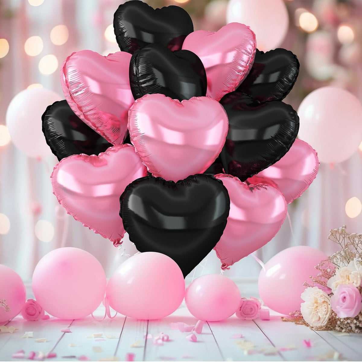 Pink Black Heart Balloons,12Pcs Light Pink Heart Shaped Foil Balloons,18Inch Black Pearl Pink