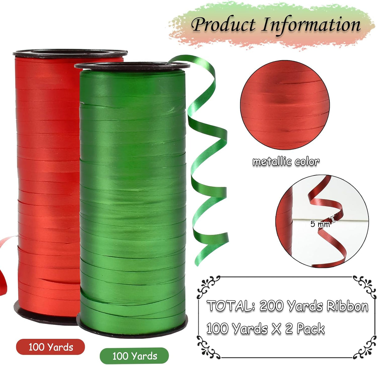 BEISHIDA Red and Green Christams Curling Ribbons Balloon String Ribbons - 2 Pack 100 Yards for Gift