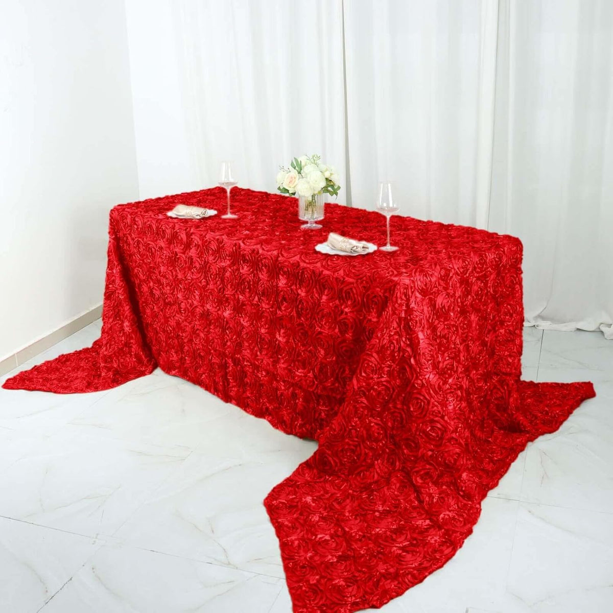 Efavormart 90"x156" Wholesale Rectangle Table Cover RED Grandiose Rosette 3D Satin Tablecloth for