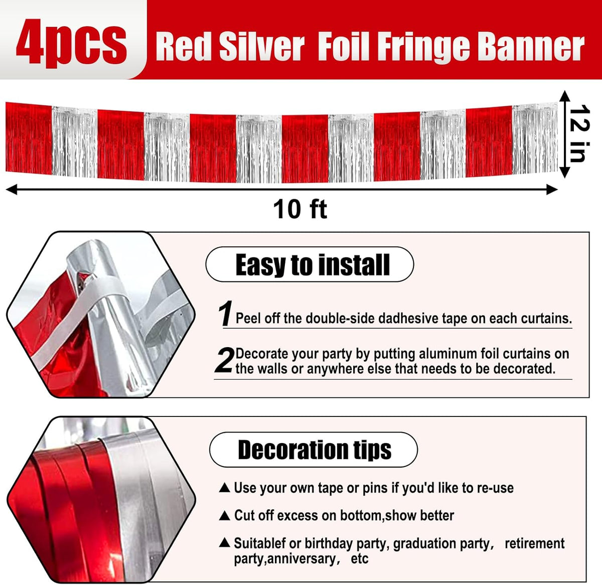 4 Pack 10 Feet Red Silver Foil Fringe Garland Metallic Tinsel Streamers Banner Wall Hanging Curtain