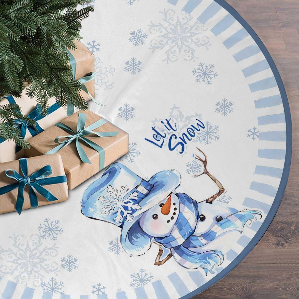 Let It Snow Snowman Christmas Tree Skirt 48 Inches, Blue Snowflake Tree Skirt, Winter Xmas Tree Mat