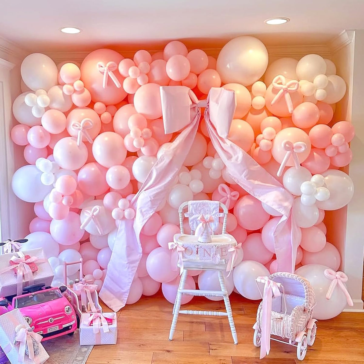 Pink Bow Balloons Garland Arch Kit,180Pcs Pink and White Balloons with Clear Balloon Wrap Bows for