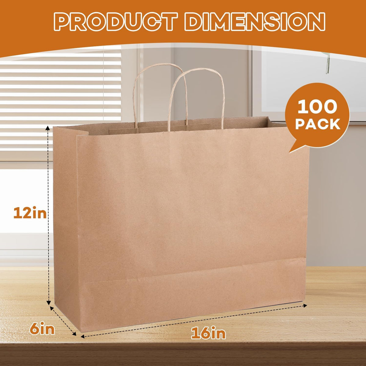 BURVAGY 16x6x12 Inch 100 Pcs Large Kraft Paper Bags with Handles Bulk, Brown Gift Kraft Shopping