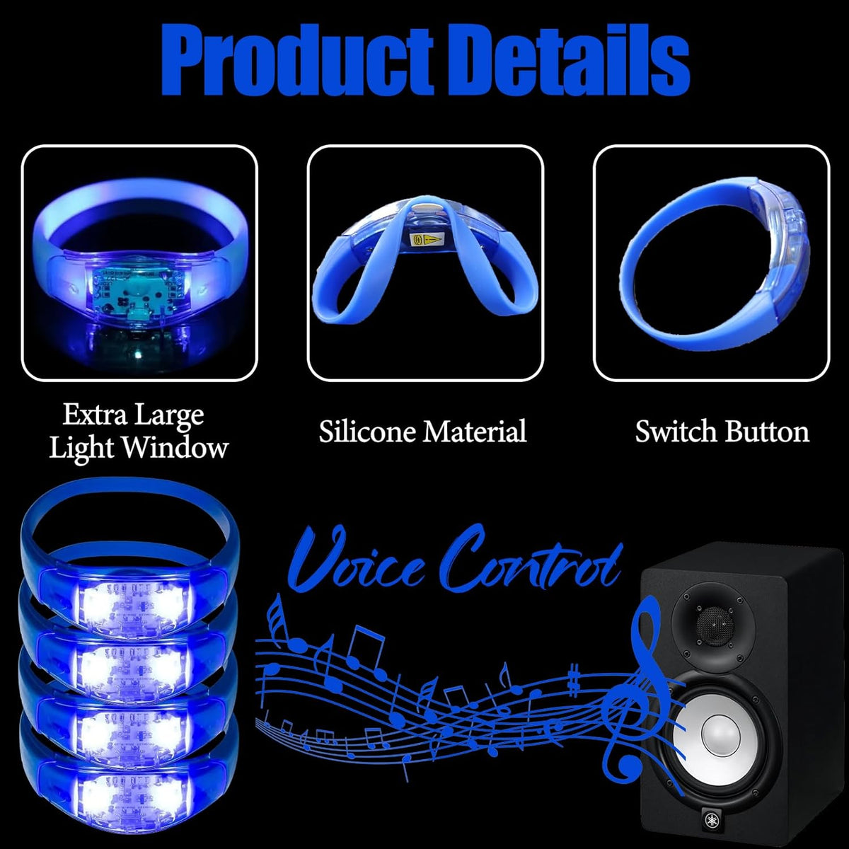 100 Pcs LED Bracelets Sound Activated with Flashing LED Strobe Music Control Light Up Bracelets for