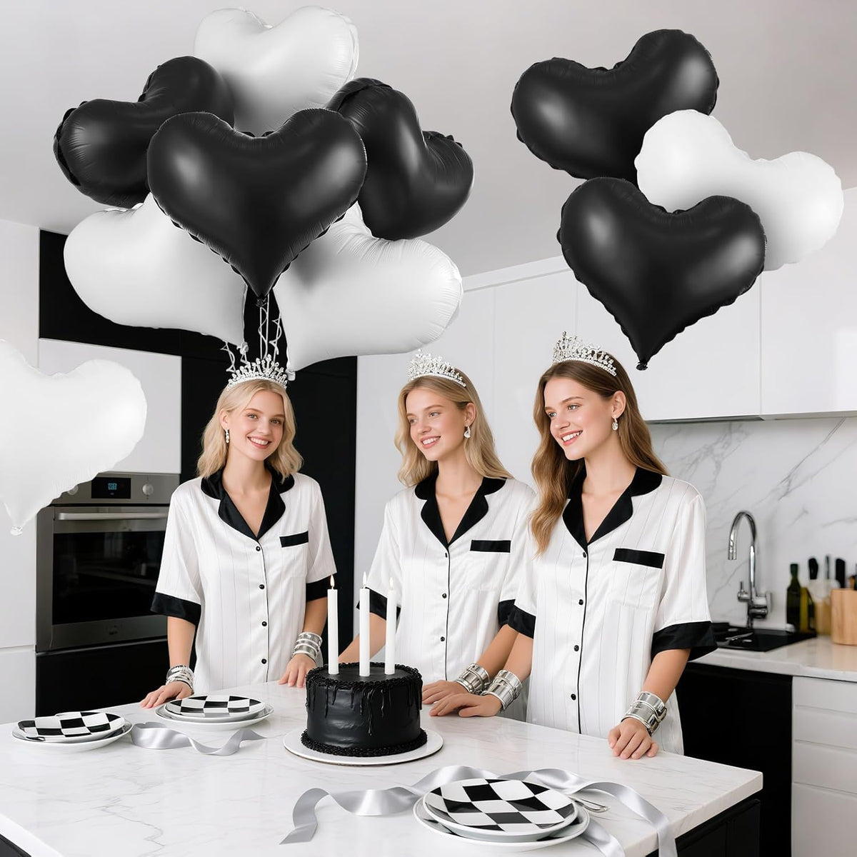 Black White Heart Balloons,24Inch Large Black Heart Foil Balloons for Valentine's Day Birthday