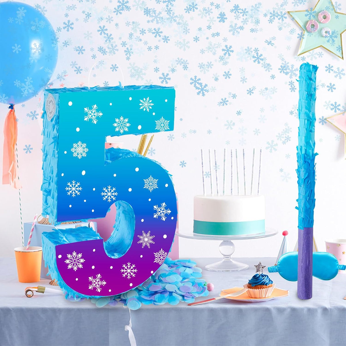 Snowflake Birthday Decorations, Winter Ice Snowflake Number 5 Pinata with Stick Blindfold and