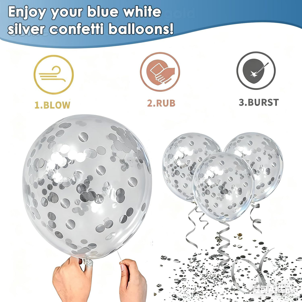 Blue White Silver Confetti Balloons, 50pcs 12 Inch Metallic Blue and Silver Balloons Clear White