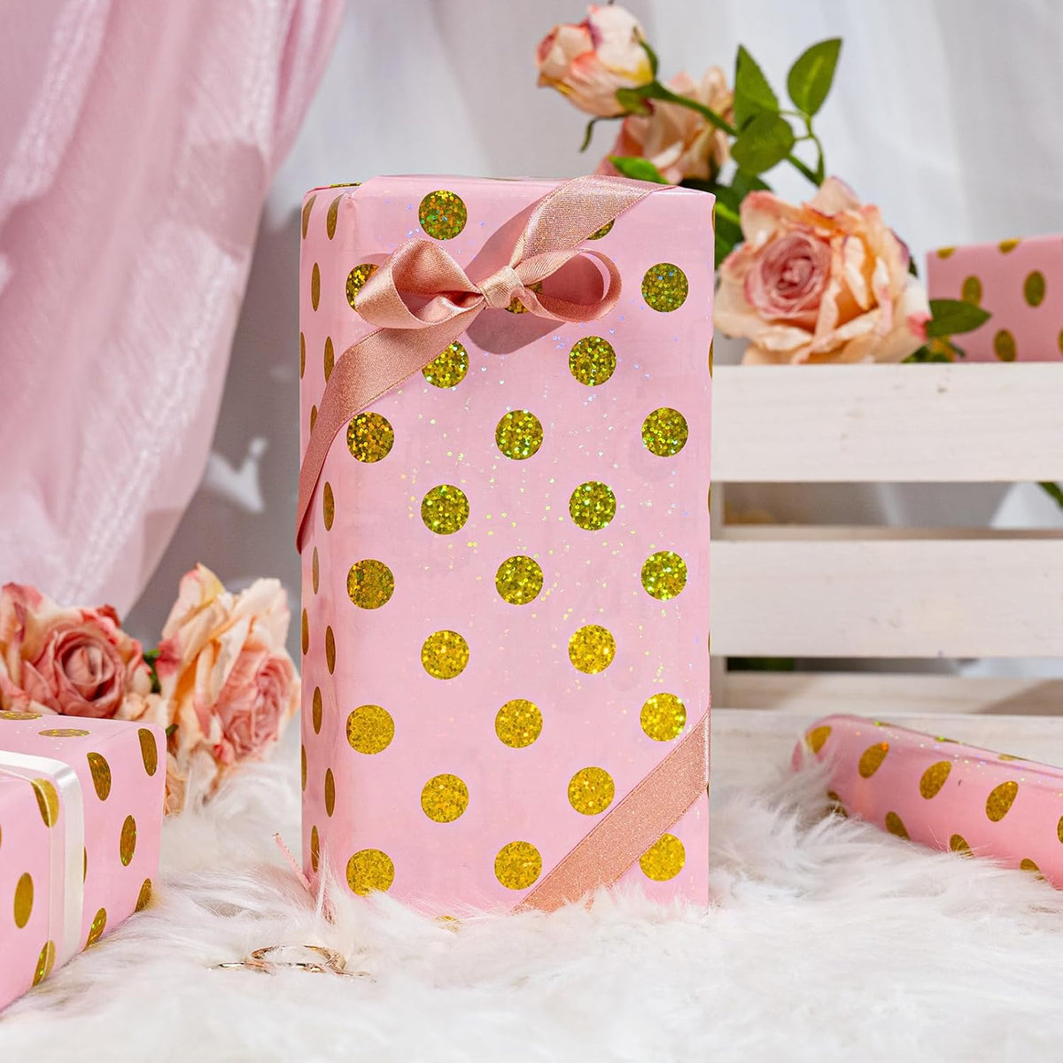 Burymento Pink Holographic Dots Wrapping Paper, Reversible Gold Gift Wrap for Birthday, Valentines