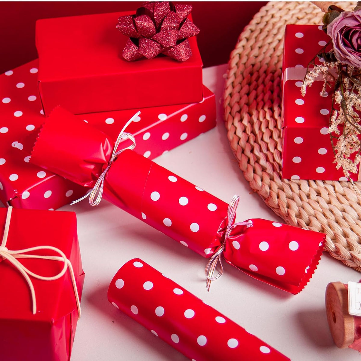 Flyhill Red Wrapping Paper,Reversible Gift Wrap Paper with Polka Dot Design for