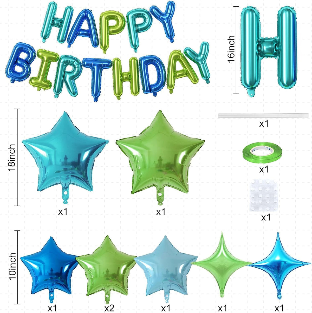 Happy Birthday Balloon Banner Blue Green, 16 Inch Mylar Foil Letter Balloons, Reusable Birthday