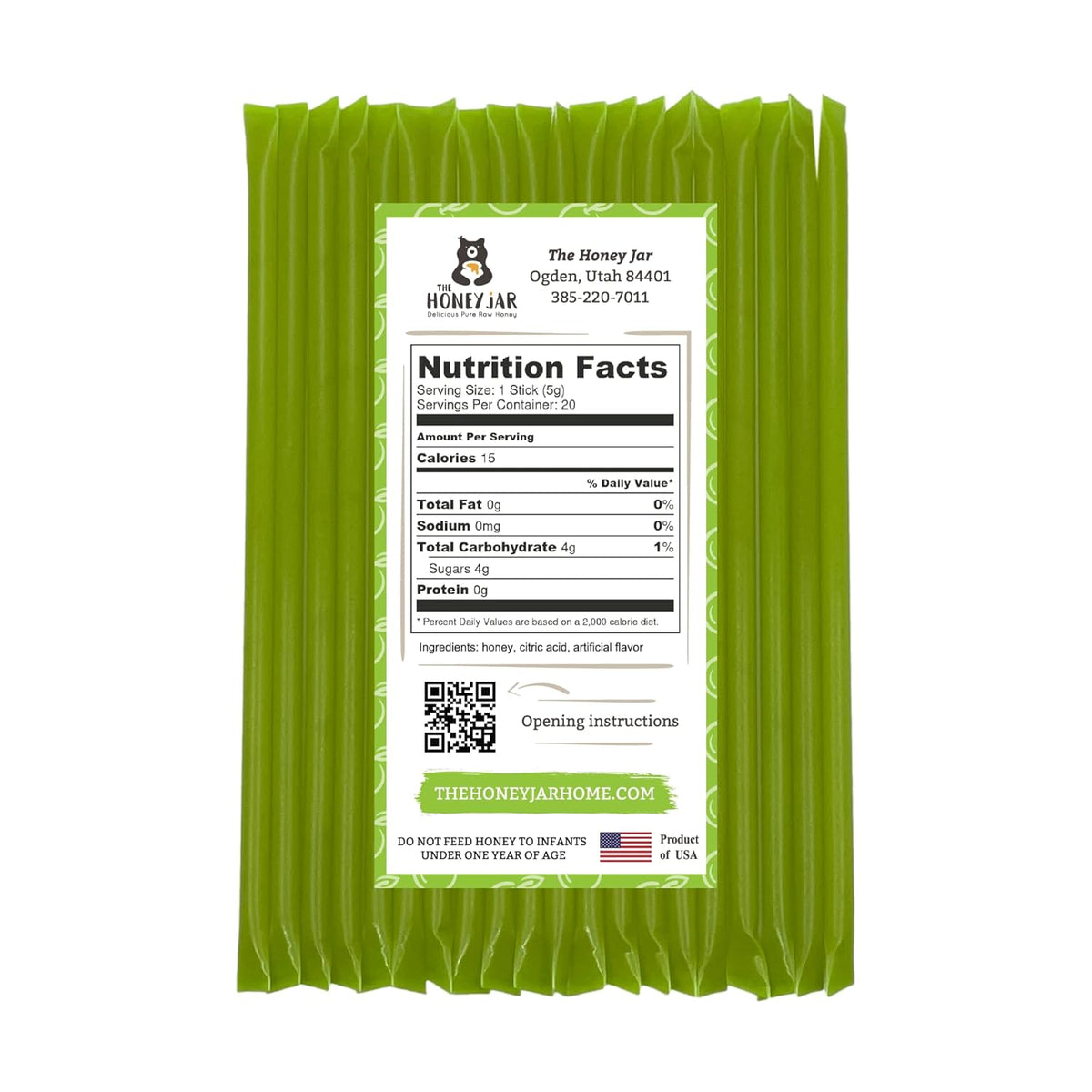 The Honey Jar Green Apple Flavored Honey Sticks - Pure Honey Straws For Tea, Coffee, or a Healthy