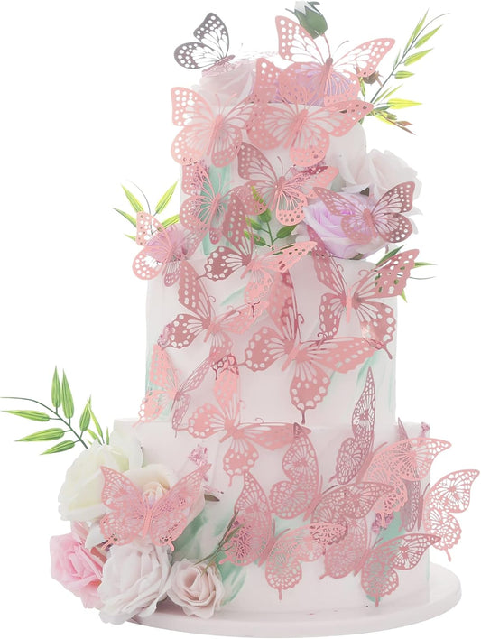 Gyufise 36 Pack Rose Gold Glitter 3D Cupcake Toppers - Hollow Butterfly Cake Decorations for