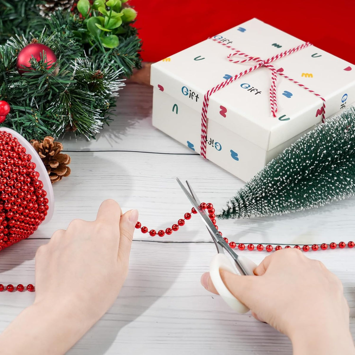 Faux Red Pearl Beads Garland - 6mm Christmas Tree Beads 22 Yards Red Pearl Strands Spool Pearl