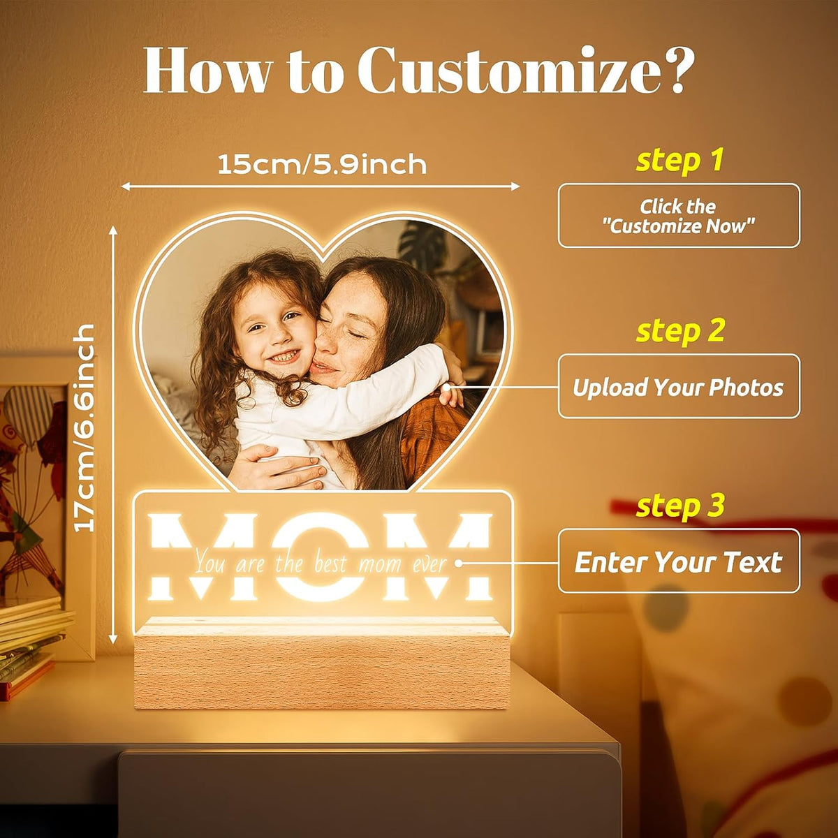 Personalized Birthday Gifts for Mom from Daughter and Son, Custom Heart Picture Frames with Photo