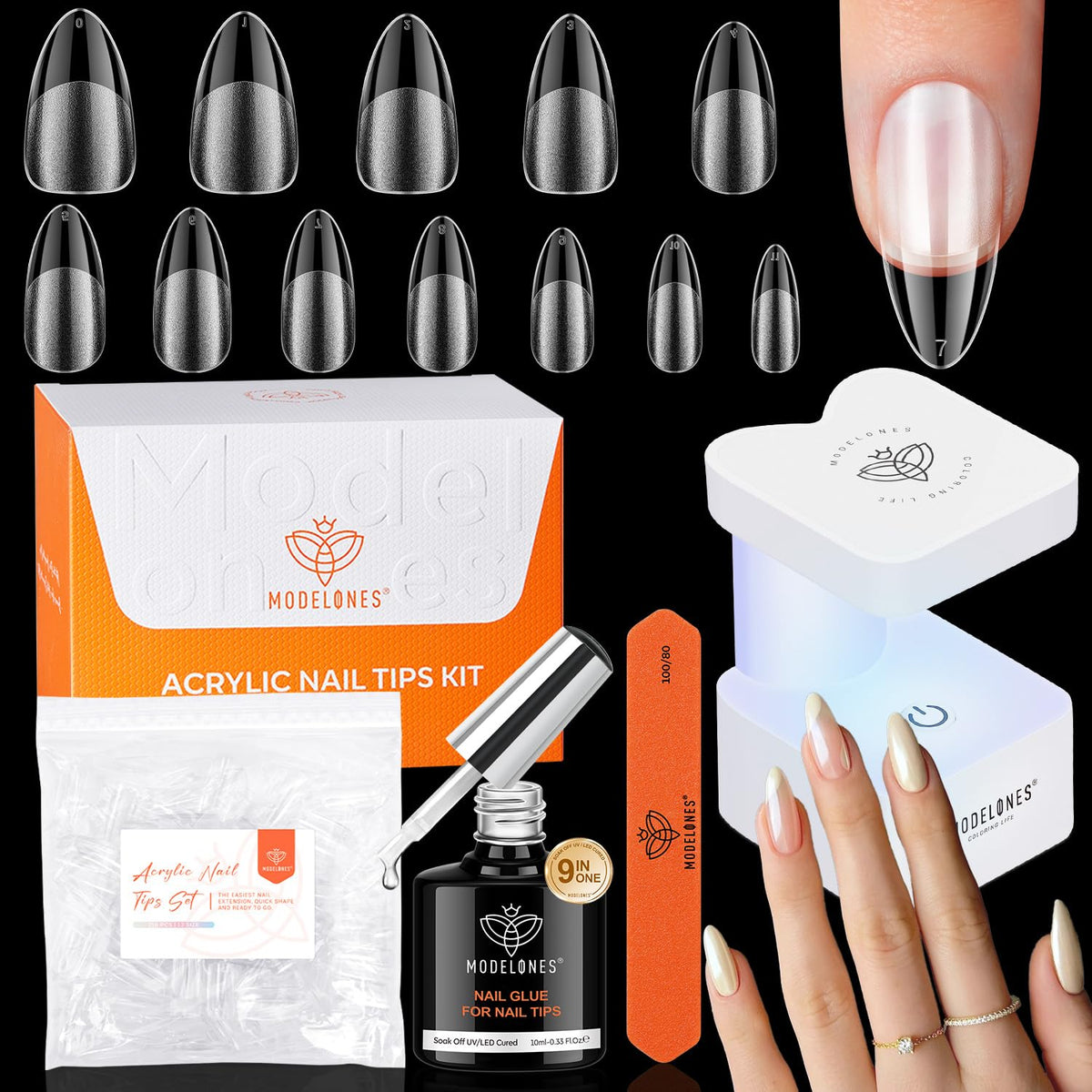 modelones Medium Almond Gel Nail Tips Kit, 9-in-One Nail Glue with Portable U V Lamp 216Pcs 12Sizes