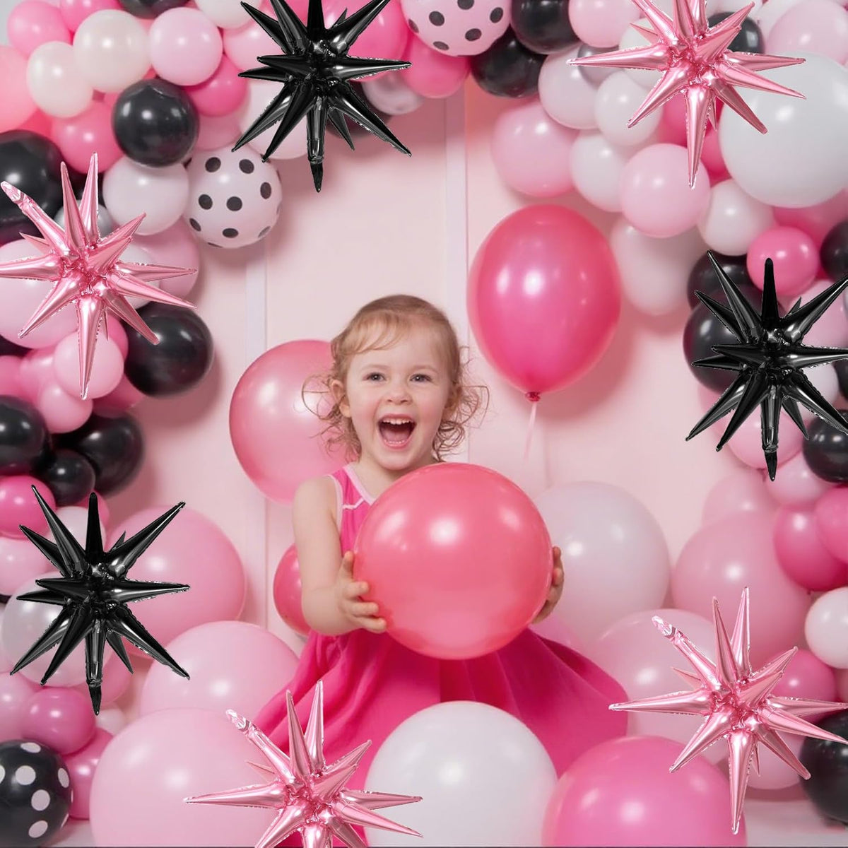 Pink Black Star Balloons,9Pcs 22Inch Black and Pink Explosion Spike Cone Helium Polyester Film Star