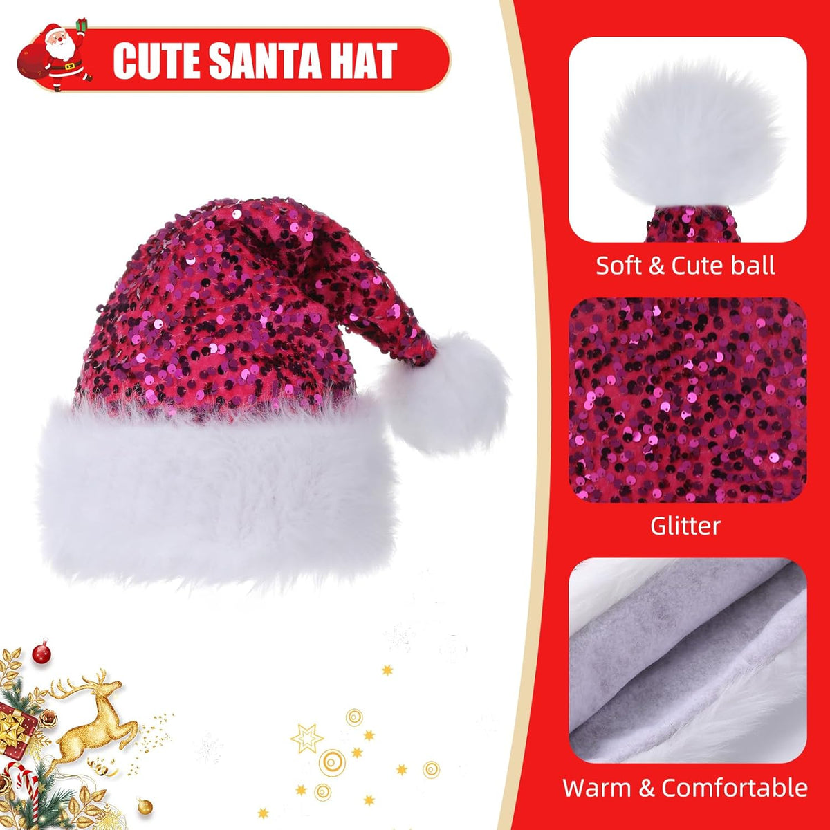 Personalized Sequin Santa Hat for Adults, Red Glitter Christmas Party Hat, Xmas Halloween New Year