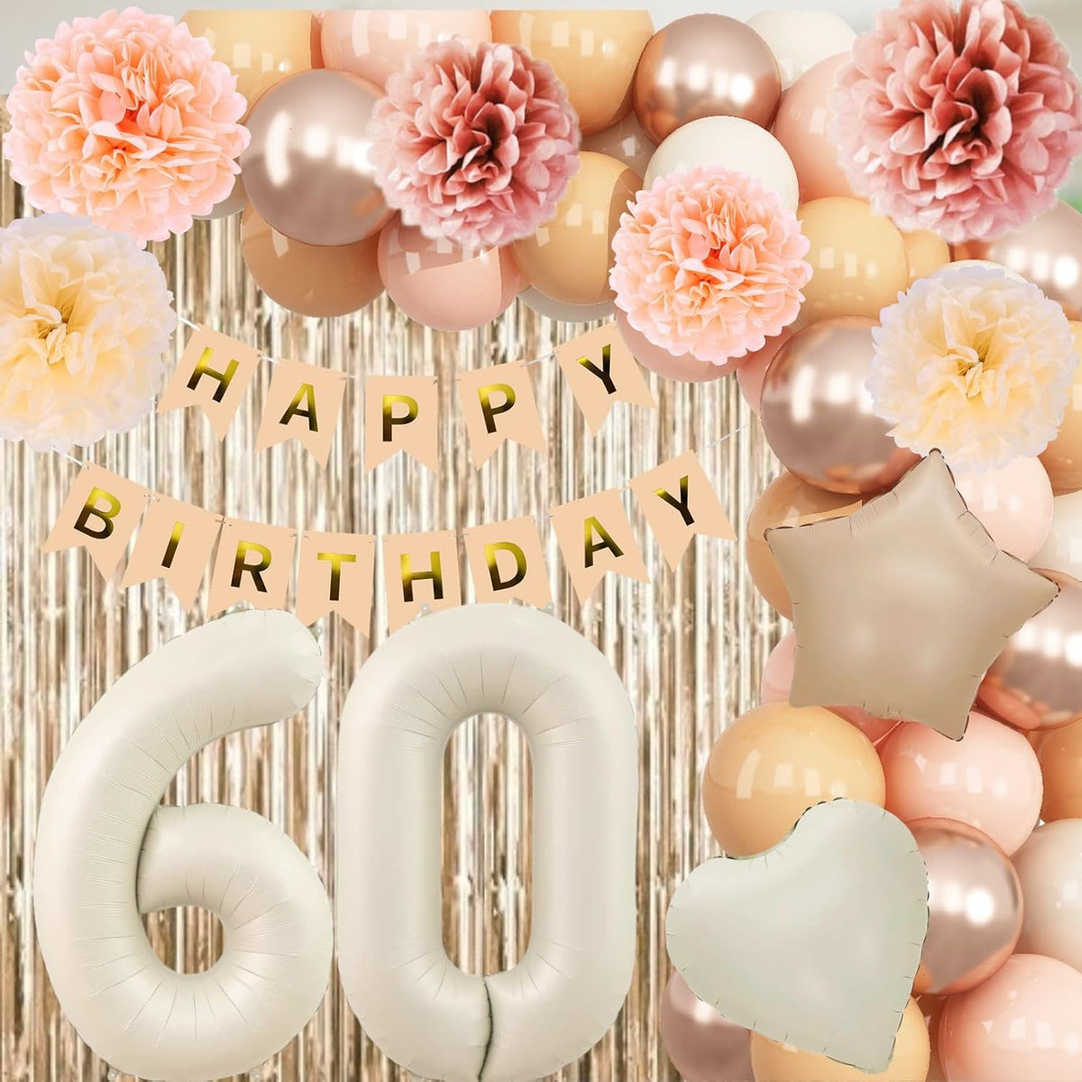 Beige 60th Birthday Decorations for Women Cream Number 60 Balloon Nude Gold Happy Birthday Banner