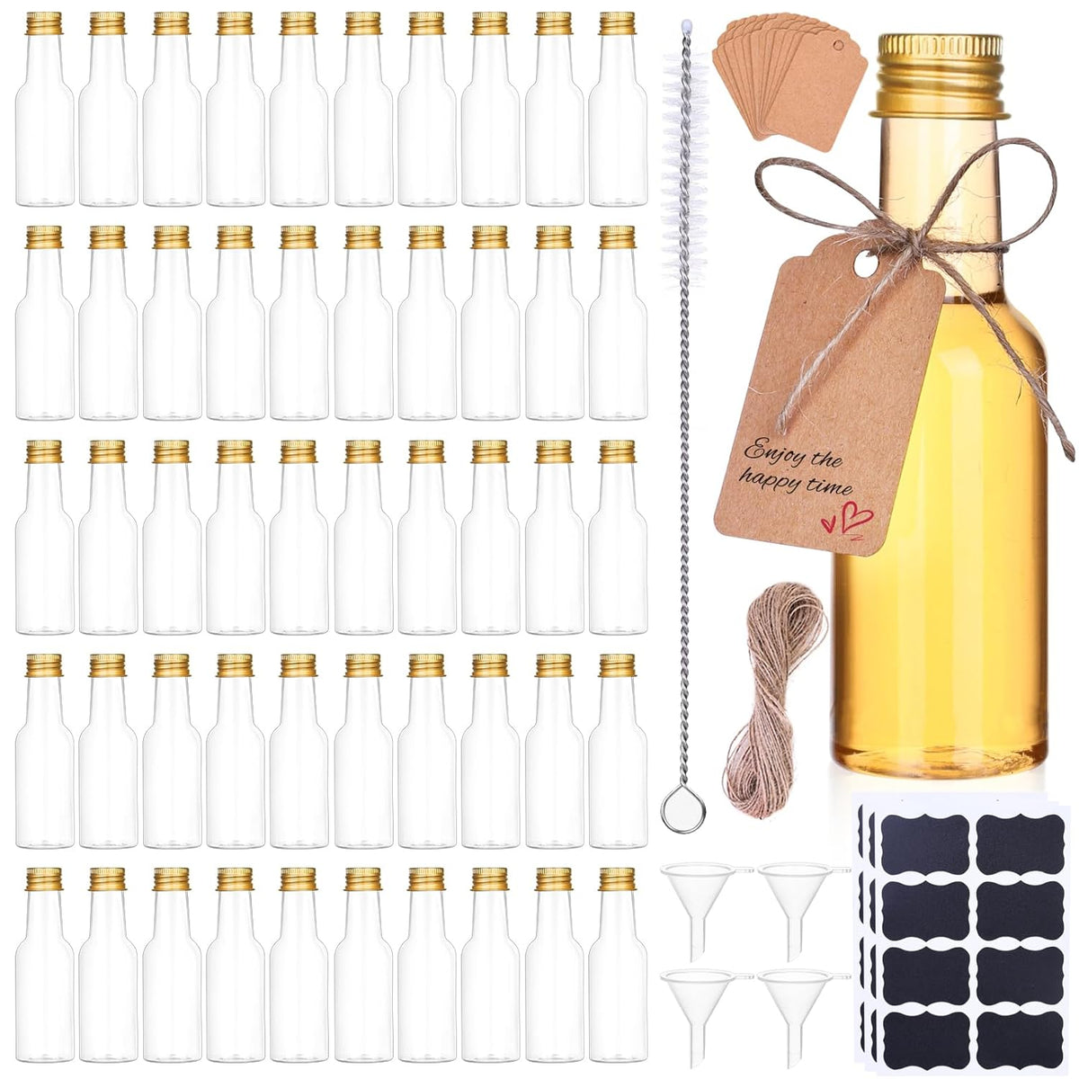 Dualshine 100 Pcs Mini Liquor Bottles, 1.7oz/50ml Shot Bottles with Gold Aluminium Caps, Reusable