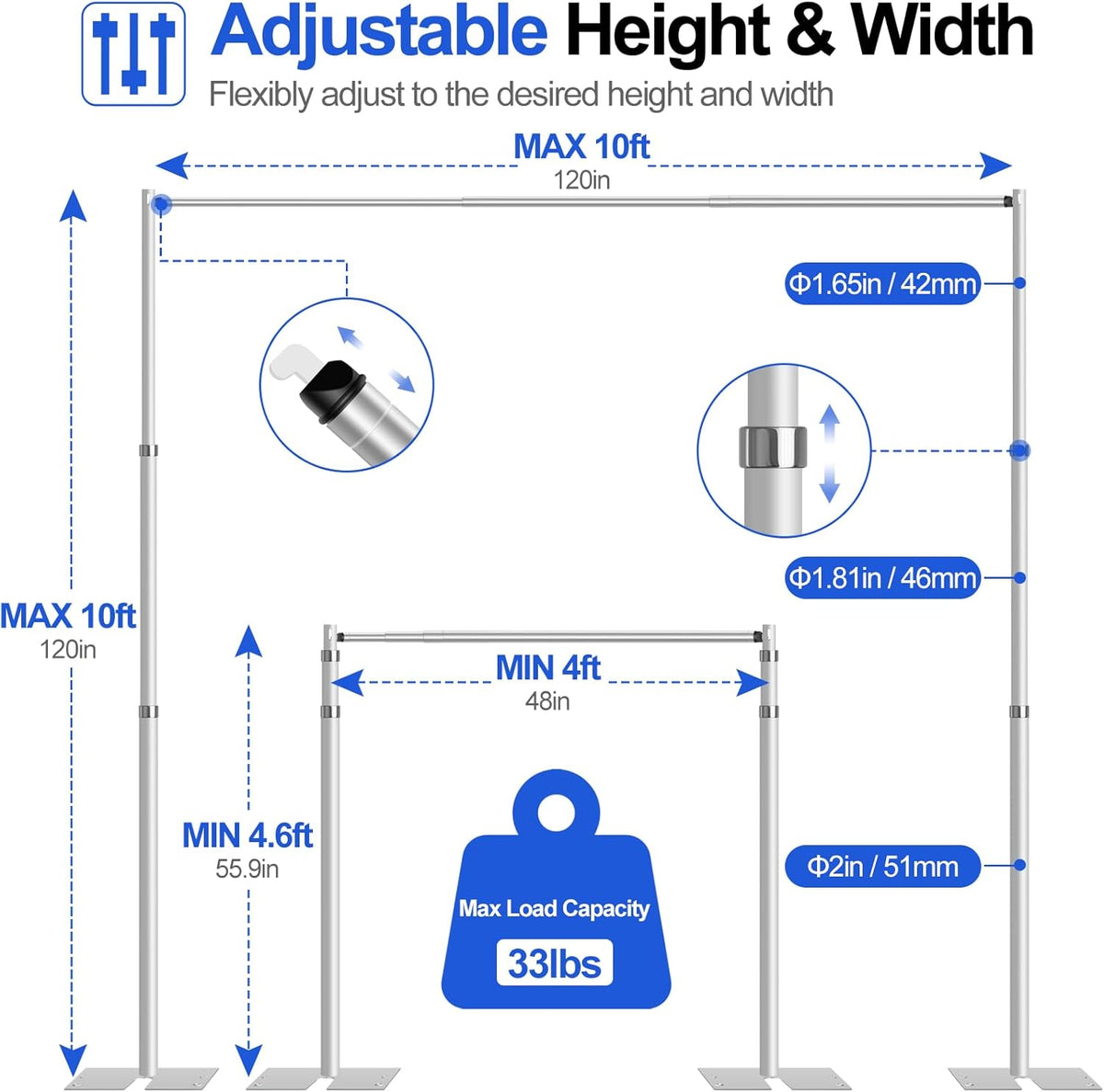 FUDESY Pipe and Drape Stand Kit, 10x10ft Heavy Duty Adjustable Metal Backdrop Frame for