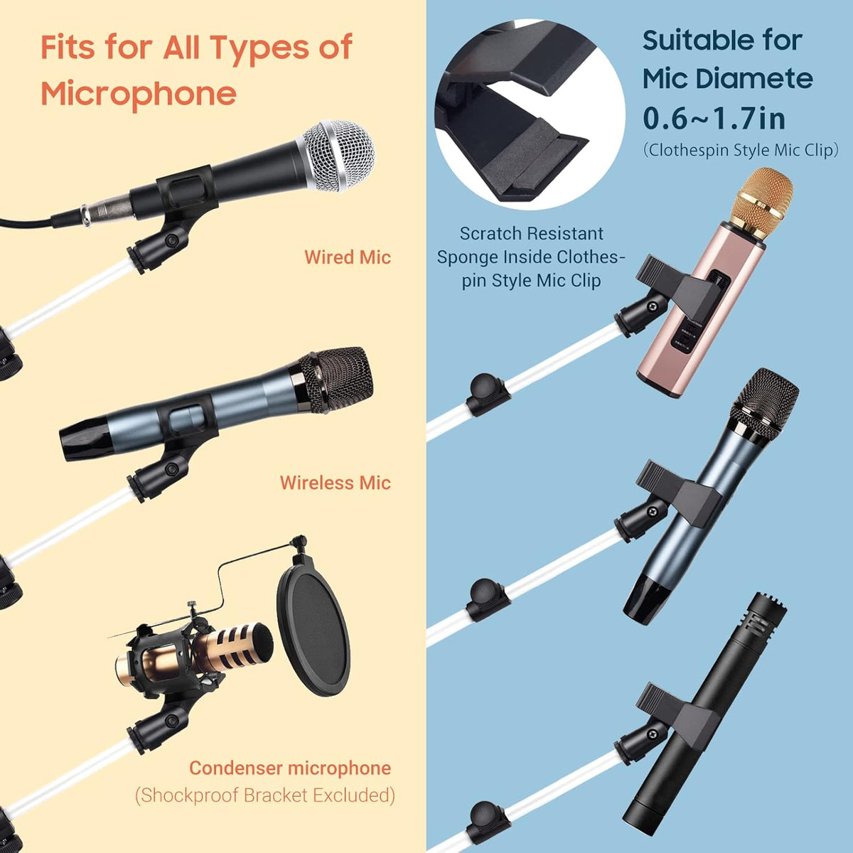 CAHAYA Microphone Stand Tripod Boom Arm Floor Mic Stand with Carrying Bag and 2 Mic Clips for