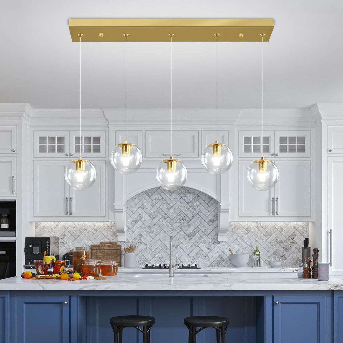 5-Lights Modern Rectangle Chandelier Globe Pendant Light,Gold Linear Globe Chandeliers for Dining