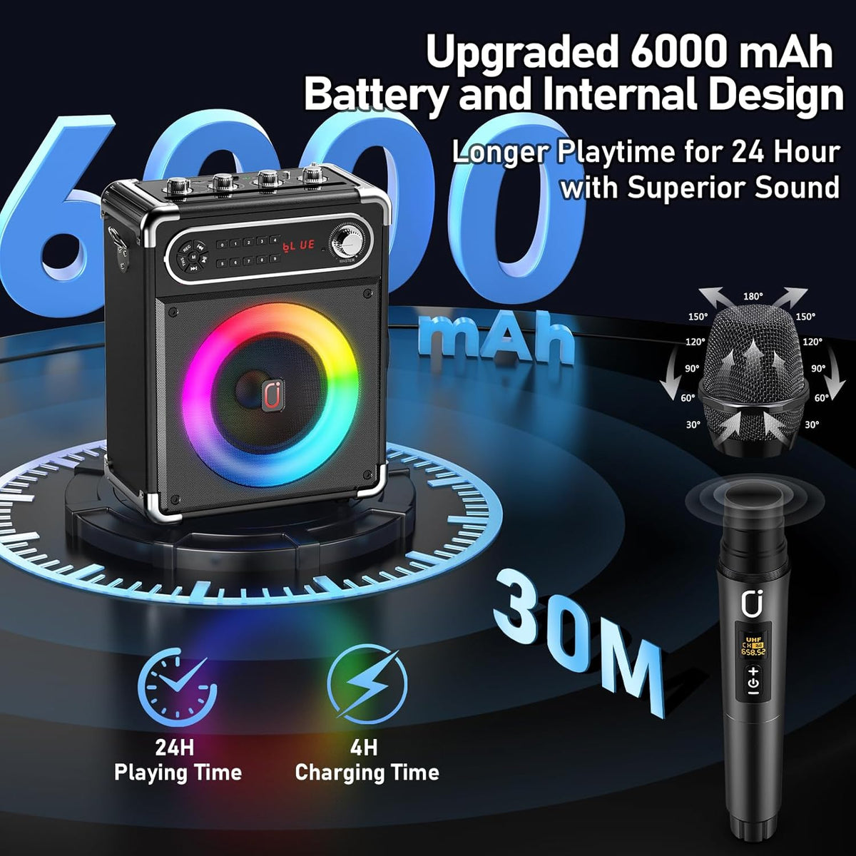 Karaoke Machine with 2 Wireless Microphones,【Upgraded 6.5"Woofer & 2"Tweeter】Portable Bluetooth 5.3