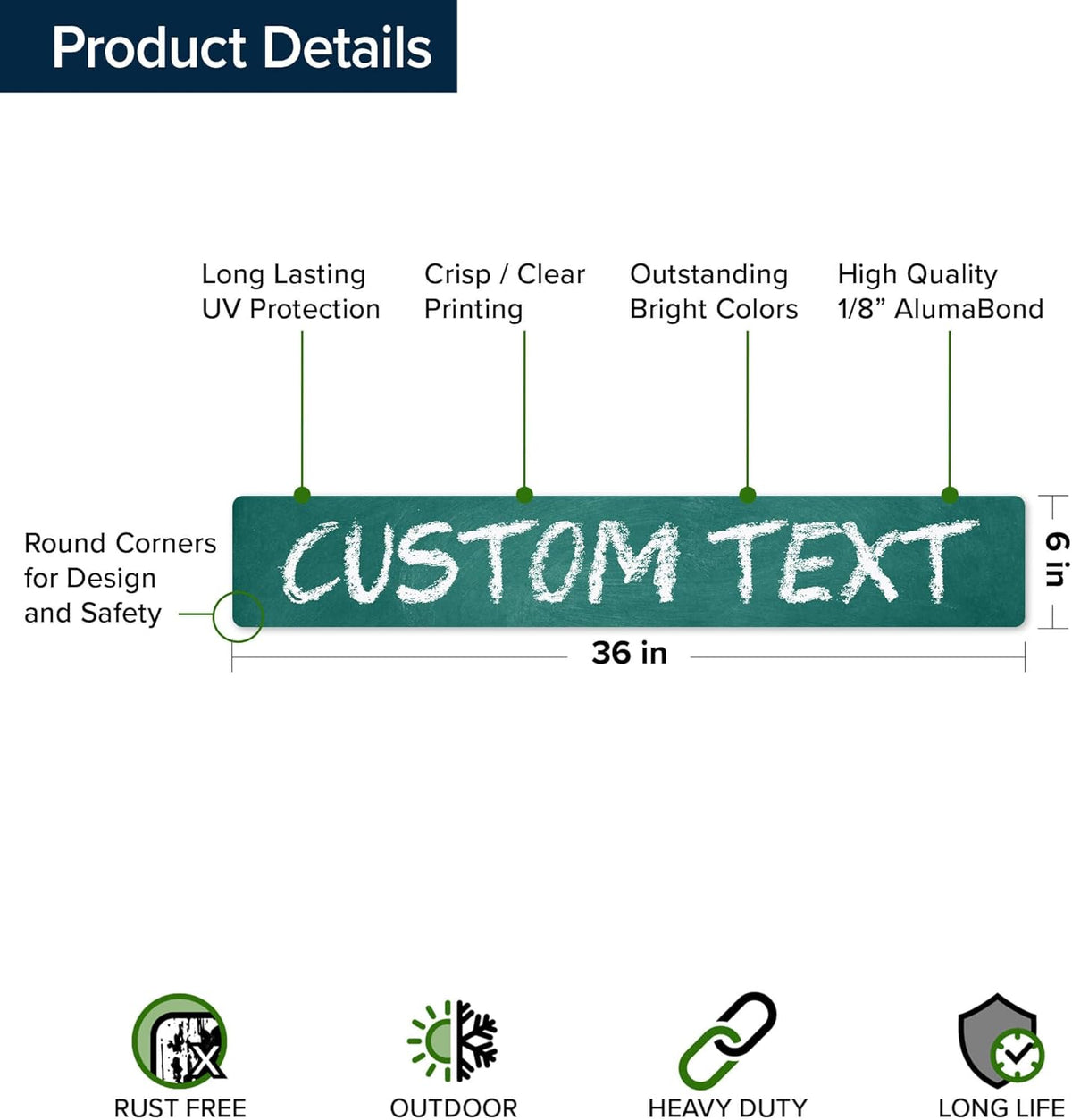 Custom Sign, Custom Street Sign, 11 Font Colors, 13 Font Styles, 4 Hole Options, 22 Sizes, 6x36