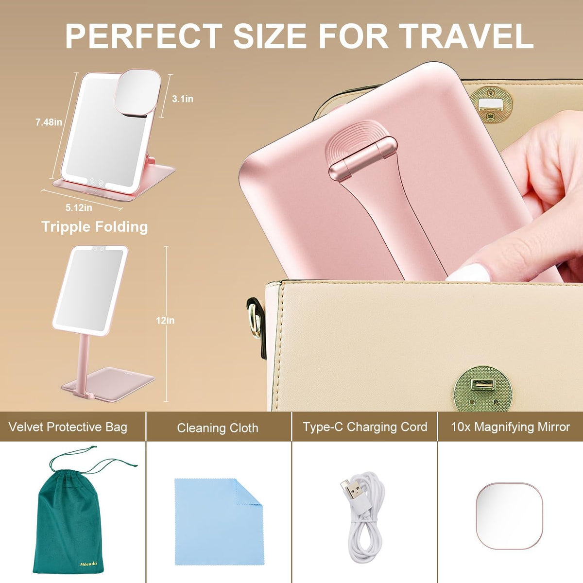 Mocado Travel Makeup Mirror with Light - 7x5 Inches Tripple Folding Travel Mirror with Light, 3