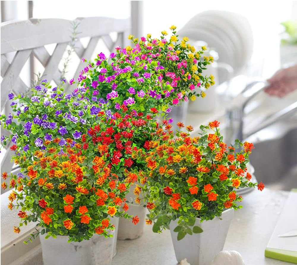 10 Bundles Artificial Fake Flowers, Faux Outdoor Plastic Plants UV Resistant Shrubs Outside Indoor